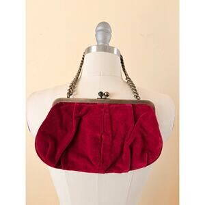 J Crew Red Velvet Clutch Kiss Lock Bag Chain Strap Evening Purse